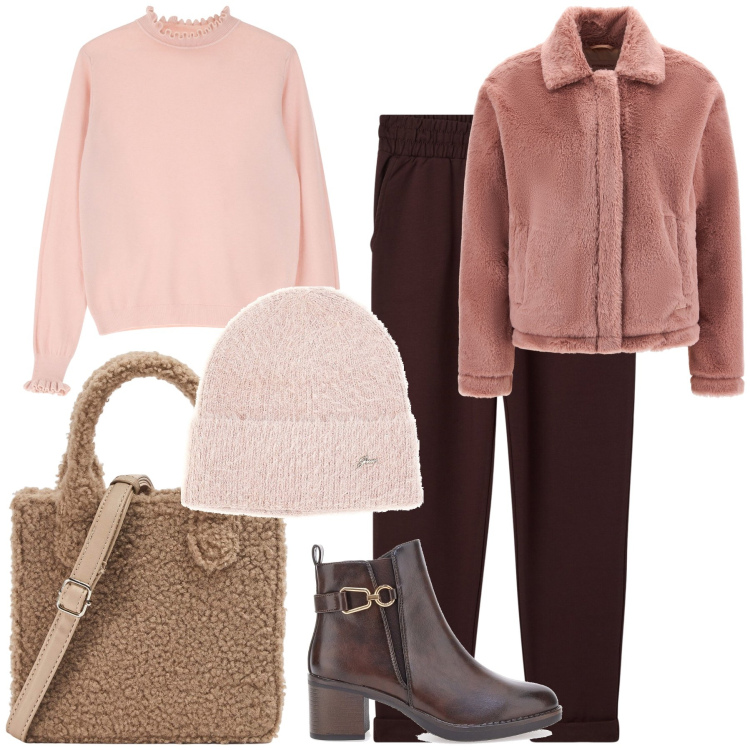 Outfit donna - Fredda domenica. Stile Urban per Tutti i giorni. Abbinamento con pantaloni, shopping bag, maglieria, cappotti, stivaletti, berretti.