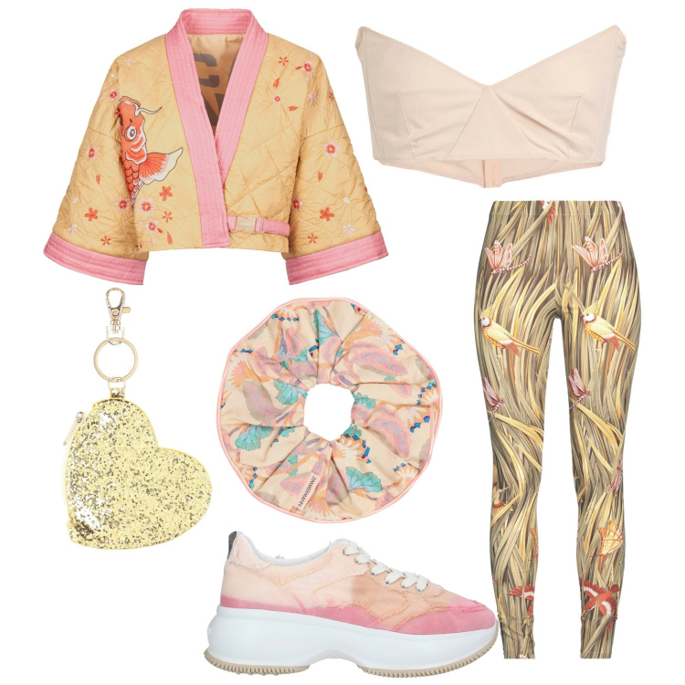 Outfit donna - Carpa koi. Stile Etnico per Sport. Abbinamento con sneakers, top, leggings, portachiavi, kimono, accessori per capelli.