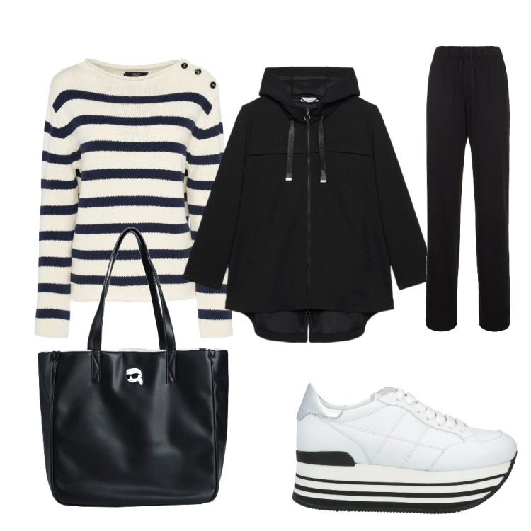 Outfit donna - Bianco e nero. Stile Basic per Tutti i giorni. Abbinamento con borse a mano, sneakers, parka, pantaloni, maglieria.