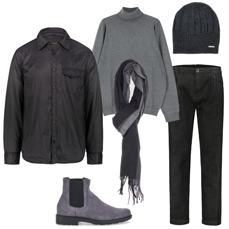 Outfit uomo - In città. Stile Urban per Tutti i giorni. Abbinamento con maglieria, giacche, sciarpe, berretti, jeans, stivali e stivaletti.