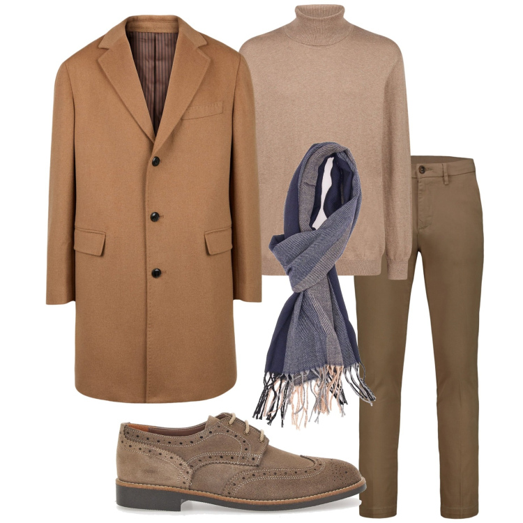 Outfit uomo - Mocha mousse. Stile Business/Elegante per Ufficio. Abbinamento con sciarpe, cappotti, scarpe stringate, pantaloni chino, maglieria.