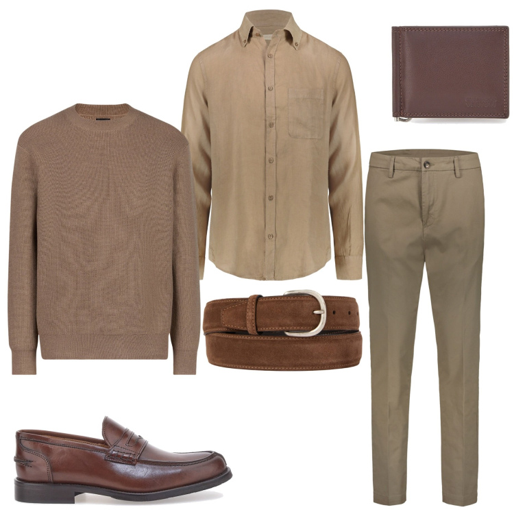 Outfit uomo - In ufficio. Stile Business/Elegante per Ufficio. Abbinamento con cinture, maglieria, camicie, pantaloni chino, scarpe stringate, portafogli.
