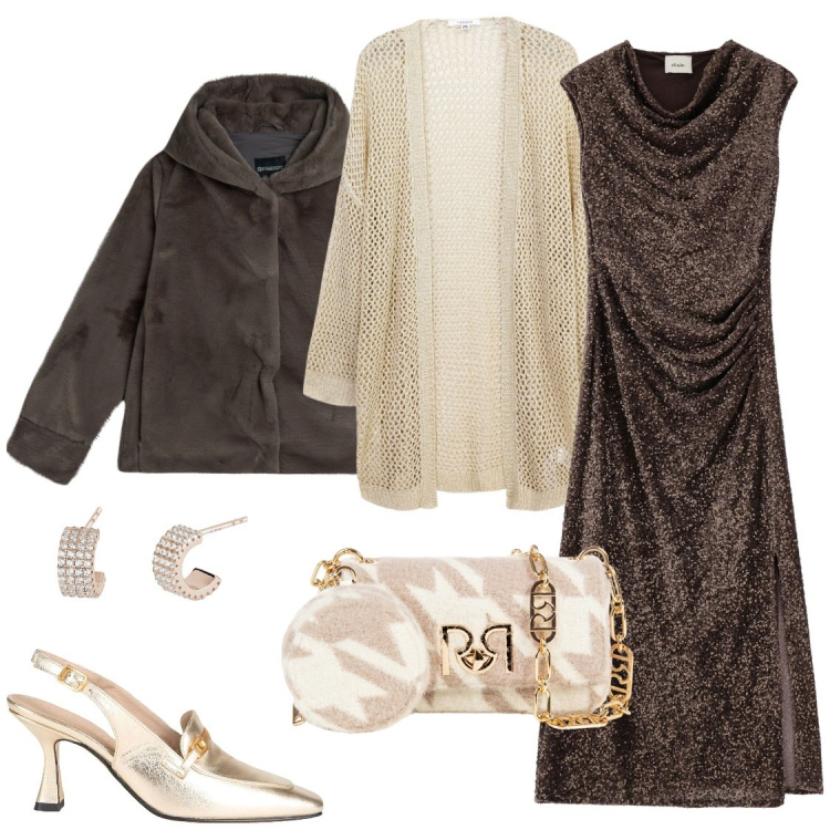 Outfit donna - Scarpetta dorata. Stile Chic per Serata fuori. Abbinamento con décolleté, orecchini, kimono, borse a tracolla, vestiti asimmetrici, blazer.
