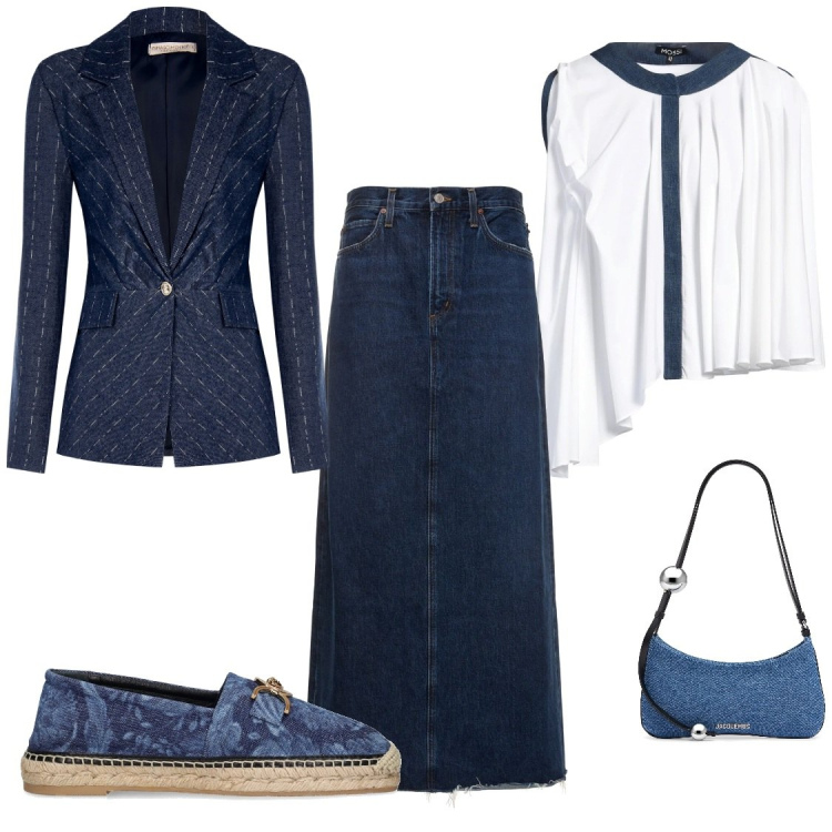 Outfit donna - Bon ton in jeans. Stile Bon Ton per Tutti i giorni. Abbinamento con camicie, blazer, espadrillas, borse a spalla, gonne.