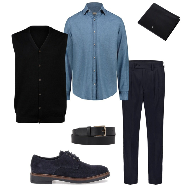 Outfit uomo - Gilet di tendenza. Stile Business/Elegante per Ufficio. Abbinamento con portafogli, scarpe stringate, gilet, camicie, cinture, pantaloni.