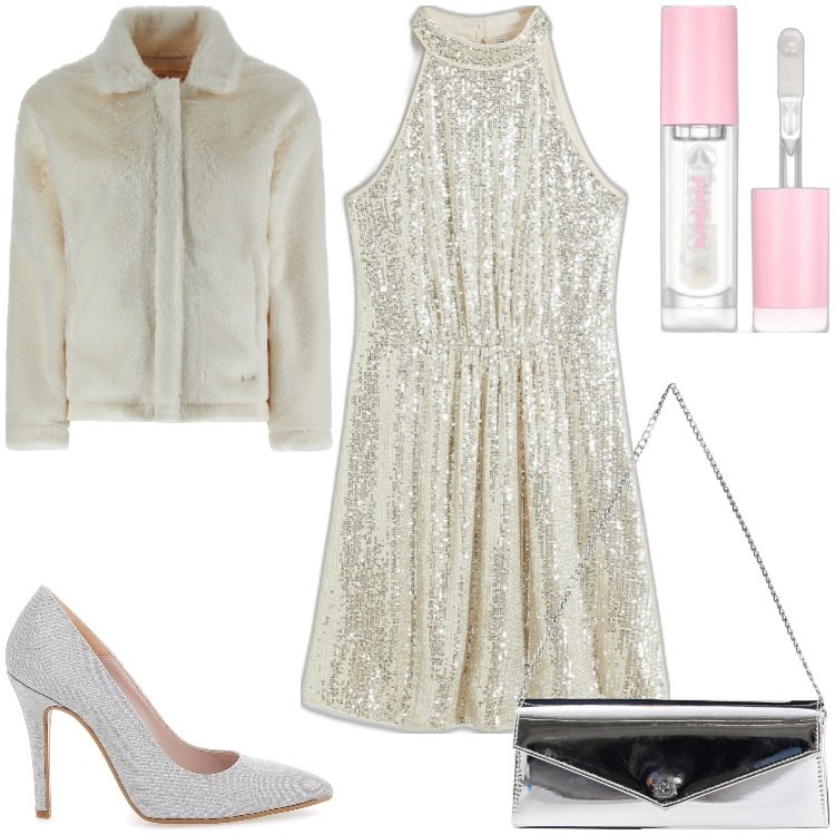 Outfit donna - Scintille. Stile Chic per Serata fuori. Abbinamento con vestiti, gloss, pochette, cappotti, décolleté.
