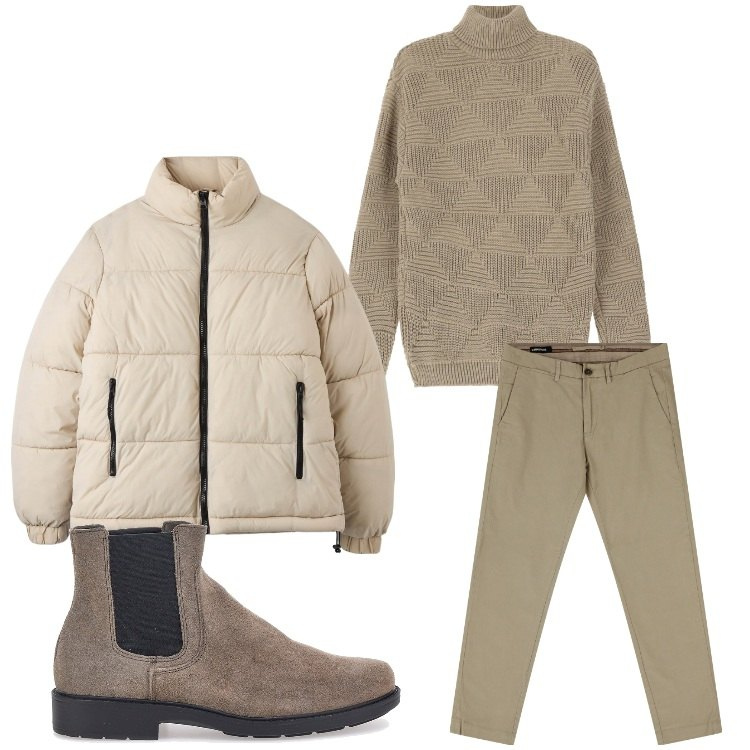 Outfit uomo - La comodita´. Stile Casual per Tutti i giorni. Abbinamento con piumini, pantaloni chino, maglieria, stivali e stivaletti.