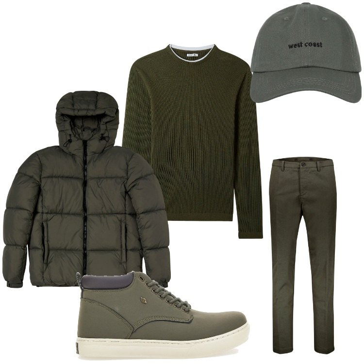 Outfit uomo - In verde bosco. Stile Casual per Tutti i giorni. Abbinamento con maglieria, piumini, cappelli con visiera, stivali e stivaletti, pantaloni.