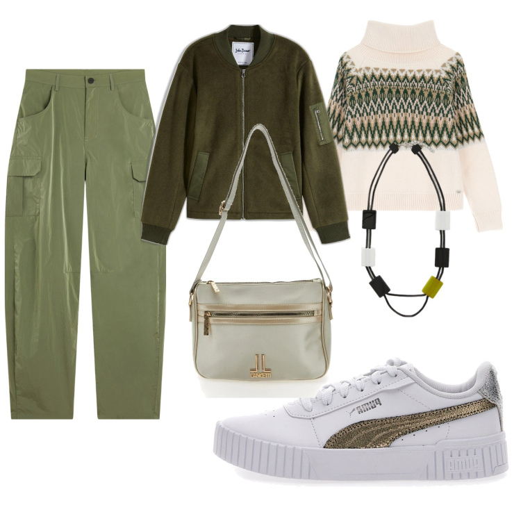 Outfit donna - Total look #2052401. Stile Casual per Tutti i giorni. Abbinamento con bomber, maglieria, pantaloni cargo, sneakers, collane, borse a tracolla.