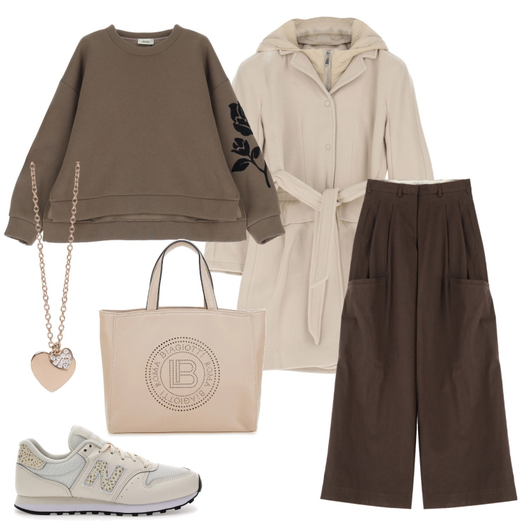 Outfit donna - Domenica pomeriggio. Stile Casual chic per Tutti i giorni. Abbinamento con ciondoli, cappotti, felpe, pantaloni a palazzo, sneakers, borse a tracolla.