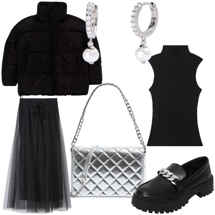Outfit donna - Black love. Stile Casual chic per Serata fuori. Abbinamento con mocassini, gonne lunghe, top, blazer, borse a tracolla, orecchini.