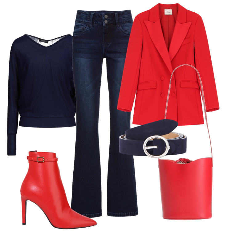 Outfit donna - Rosso Carnevale - @mikytwins. Stile Trendy per Tutti i giorni. Abbinamento con jeans bootcut, pullovers, borse a mano, stivaletti, blazer, cinture.
