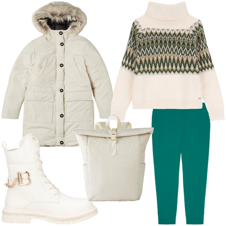 Outfit donna - E se fa freddo. Stile Casual chic per Tutti i giorni. Abbinamento con zaini, anfibi, parka, maglieria, pantaloni.