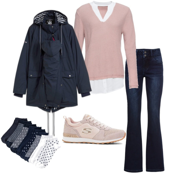 Outfit donna - Essentials Bonprix. Stile Casual per Tutti i giorni. Abbinamento con sneakers, blazer, jeans bootcut, calzini, maglieria.