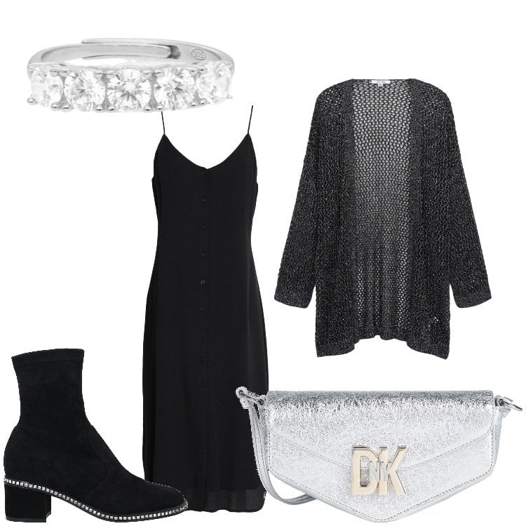 Outfit donna - Brillante. Stile Chic per Serata fuori. Abbinamento con stivaletti, vestiti midi/longuette, borse a tracolla, anelli, kimono.