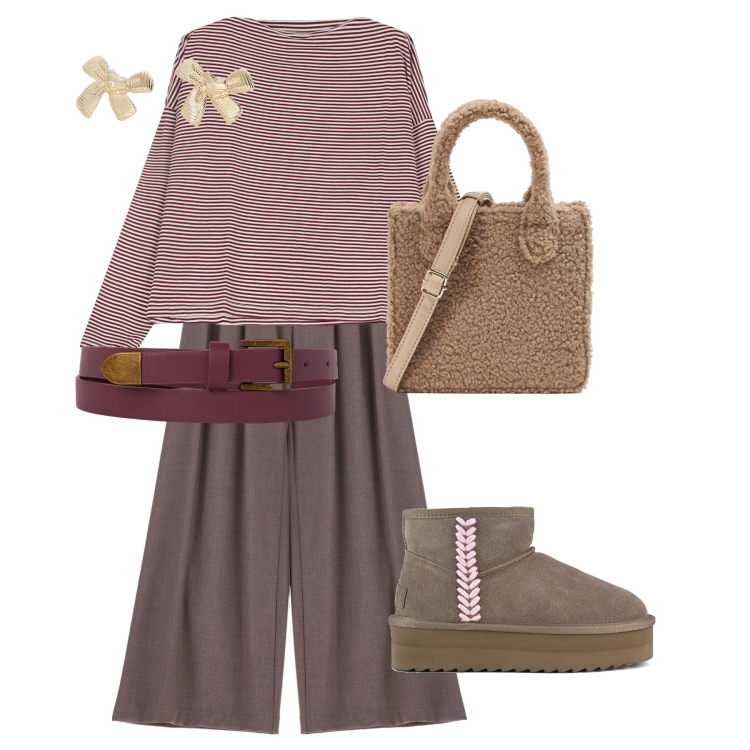 Outfit donna - gg0225#29. Stile Casual per Tutti i giorni. Abbinamento con shopping bag, pantaloni, maglieria, orecchini, cinture, stivaletti.
