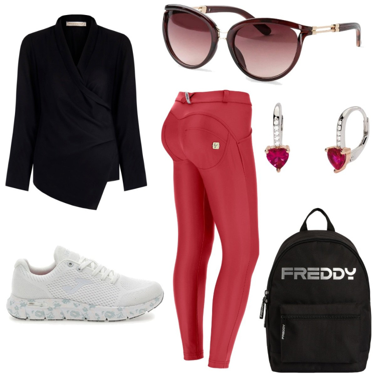 Outfit donna - Comodo quotidiano. Stile Urban per Tutti i giorni. Abbinamento con occhiali da sole, orecchini, bluse, pantaloni skinny, zaini, sneakers.