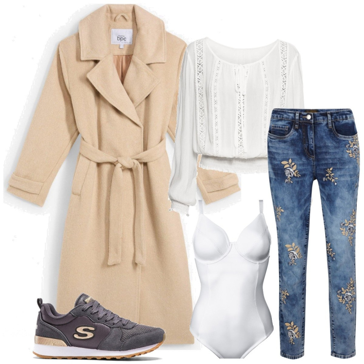 Outfit donna - Total look #2052451. Stile Casual per Tutti i giorni. Abbinamento con jeans, cappotti, sneakers, bluse, body.