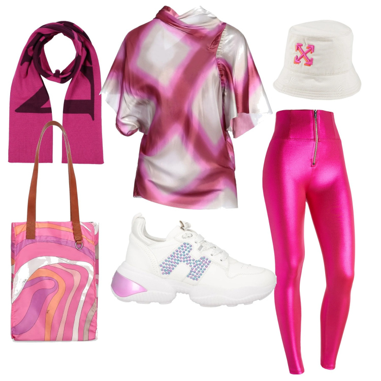 Outfit donna - Hot pink. Stile Urban per Sport. Abbinamento con sciarpe, cappelli, sneakers, top, pantaloni skinny, shopping bag.