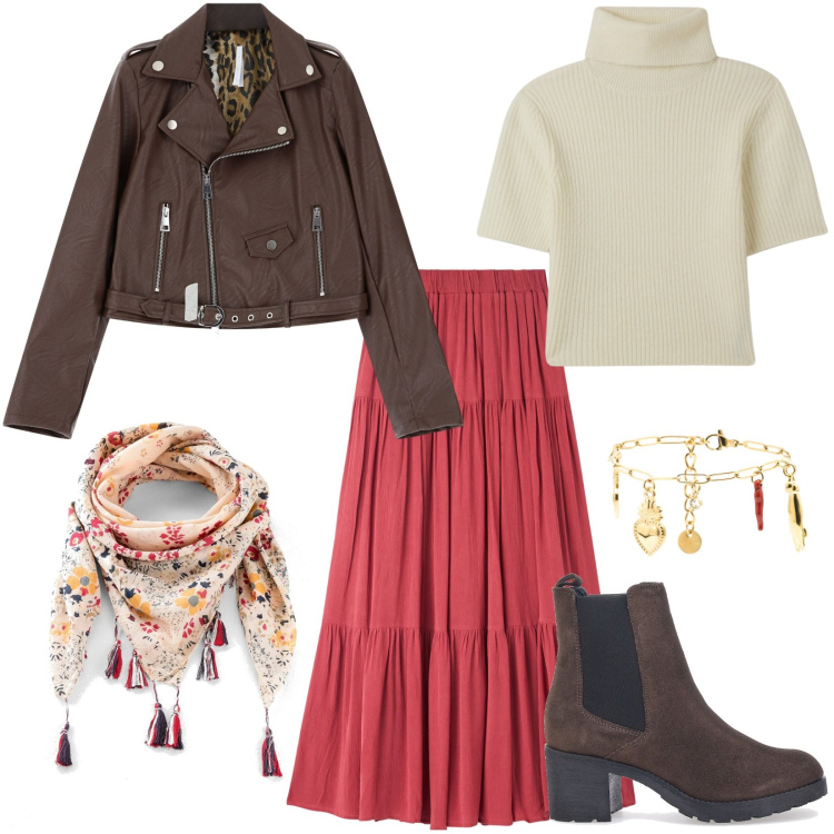 Outfit donna - Stile Boho Biker. Stile Rock per Tutti i giorni. Abbinamento con foulard, maglieria, gonne lunghe, giacche, braccialetti, stivaletti chelsea.
