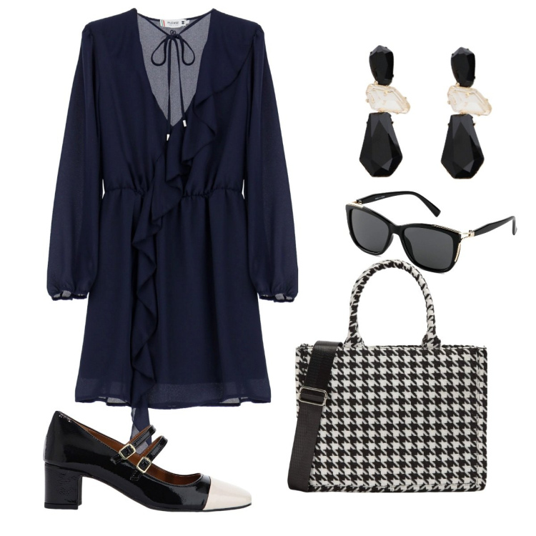 Outfit donna - Total look #2052460. Stile Bon Ton per Serata fuori. Abbinamento con occhiali da sole, shopping bag, vestiti corti, décolleté, orecchini.