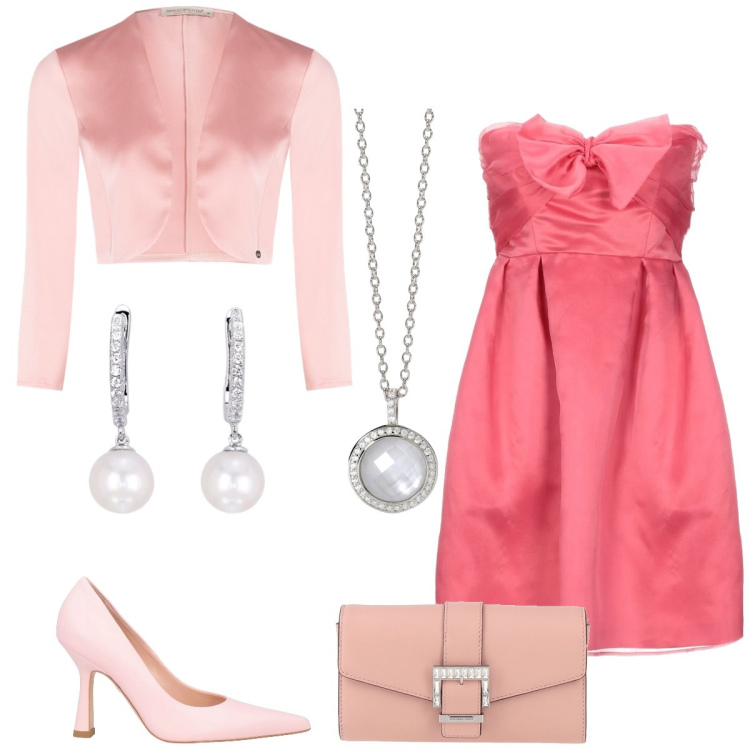 Outfit donna - Total look #2052463. Stile Chic per Cerimonia. Abbinamento con vestiti corti, borse a mano, décolleté, orecchini, collane, bolero.