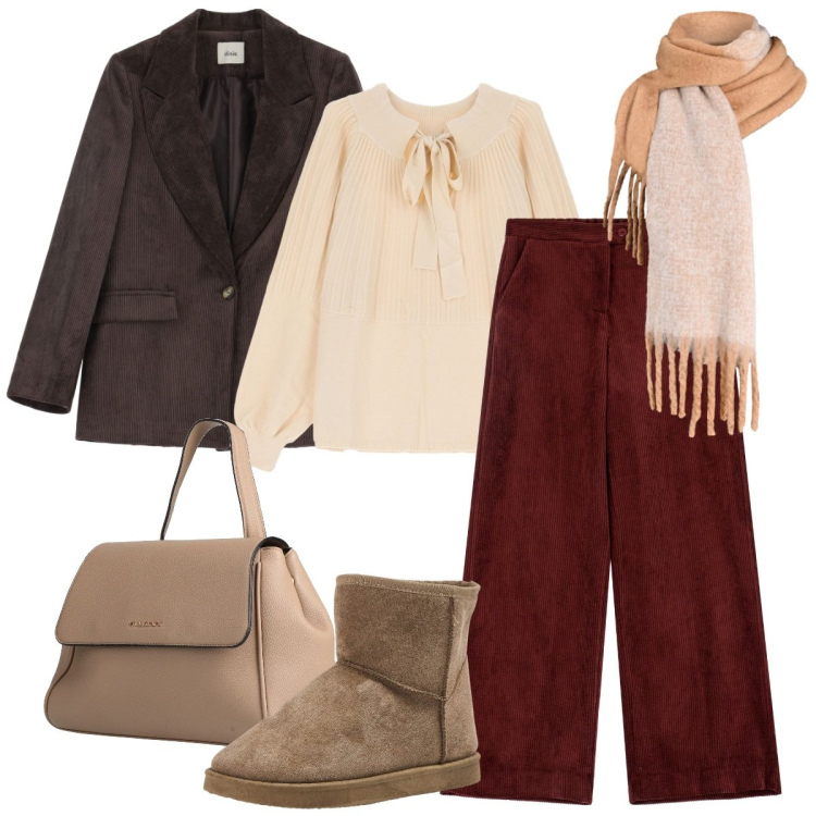 Outfit donna - Mocha Mousse. Stile Casual chic per Ufficio. Abbinamento con zaini, sciarpe, stivaletti, pantaloni, pullovers, blazer.