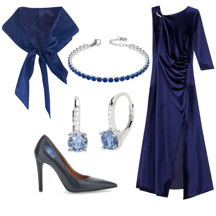 Outfit donna - Blu notte. Stile Chic per Cerimonia. Abbinamento con orecchini, bolero, braccialetti, vestiti asimmetrici, décolleté.