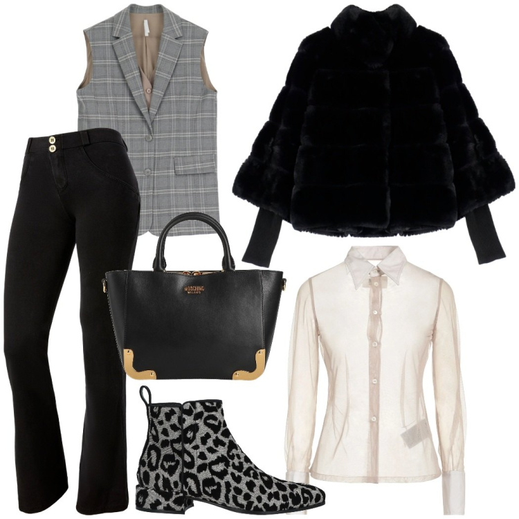 Outfit donna - Glamour per la cena. Stile Glamour per Serata fuori. Abbinamento con stivaletti, camicie, borse a mano, jeggings, gilet, blazer.