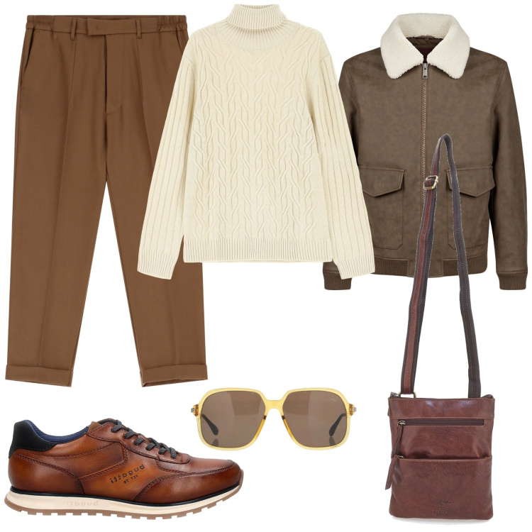 Outfit uomo - Tonalità neutre. Stile Casual per Tutti i giorni. Abbinamento con occhiali da sole, maglieria, pantaloni, giacche, scarpe stringate, portafogli.