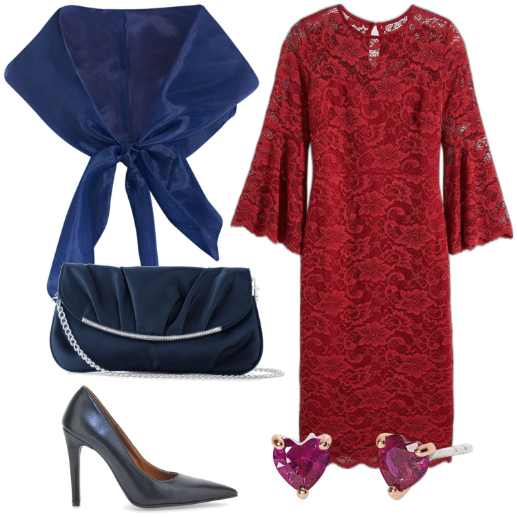 Outfit donna - I nostri cuori a San Valentino. Stile Bon Ton per Serata fuori. Abbinamento con pochette, vestiti, orecchini, bolero, décolleté.