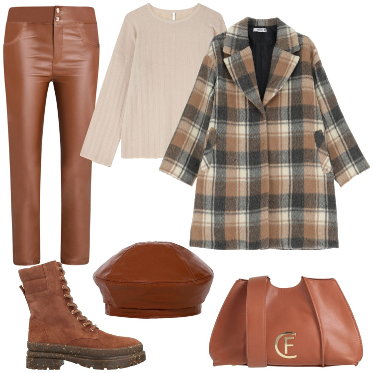Outfit donna - Mocha mousse. Stile Trendy per Serata fuori. Abbinamento con anfibi, borse a tracolla, cappotti, pantaloni, pullovers, cappelli e berretti.