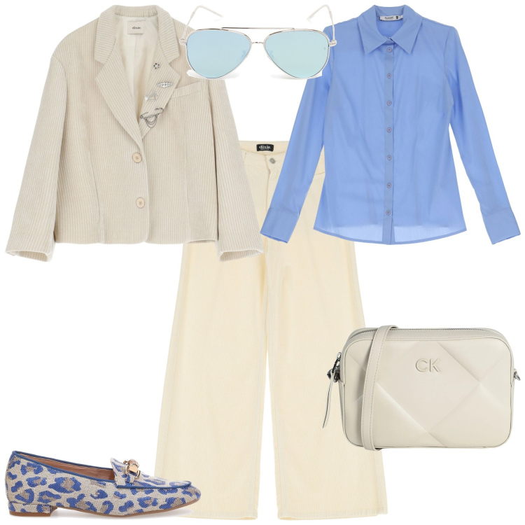 Outfit donna - Total look #2052489. Stile Sporty chic per Ufficio. Abbinamento con borse a tracolla, camicie, jeans, blazer, mocassini, occhiali da sole.
