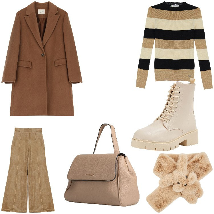 Outfit donna - Morbidoso. Stile Casual Abbinamento con zaini, sciarpe, anfibi, pullovers, pantaloni a palazzo, cappotti.