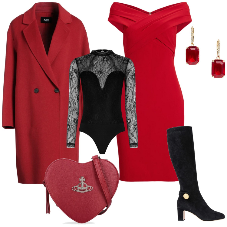 Outfit donna - Pizzo abbinato al rosso. Stile Chic per Serata fuori. Abbinamento con cappotti, stivali, vestiti, orecchini, body, borse a spalla.