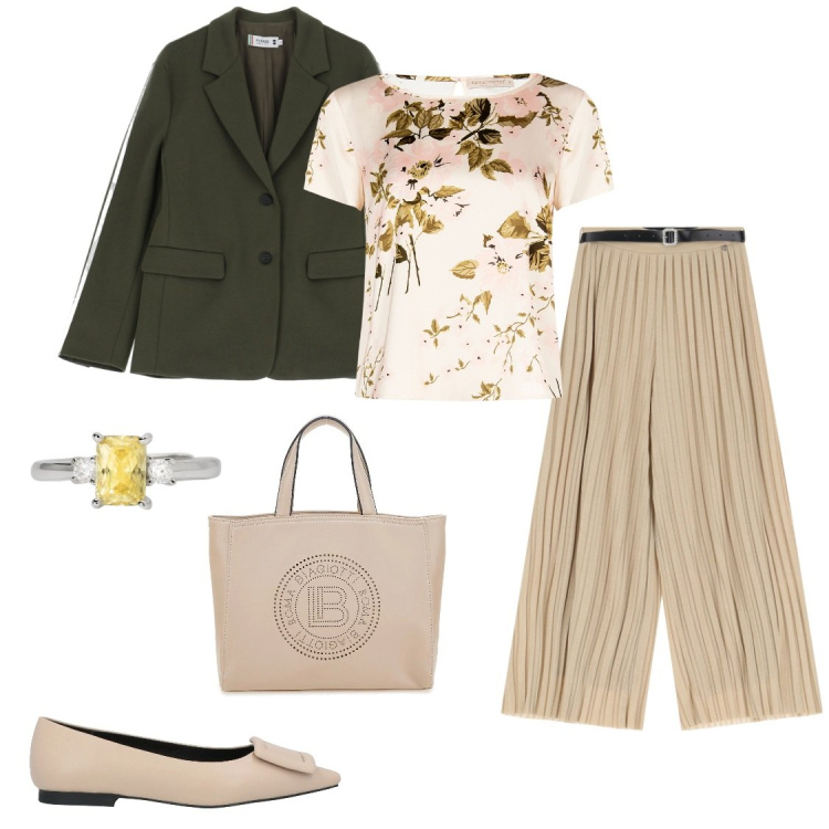 Outfit donna - Completo per la campagna. Stile Casual per Tutti i giorni. Abbinamento con ballerine, pantaloni a palazzo, anelli, bluse, blazer, borse a tracolla.