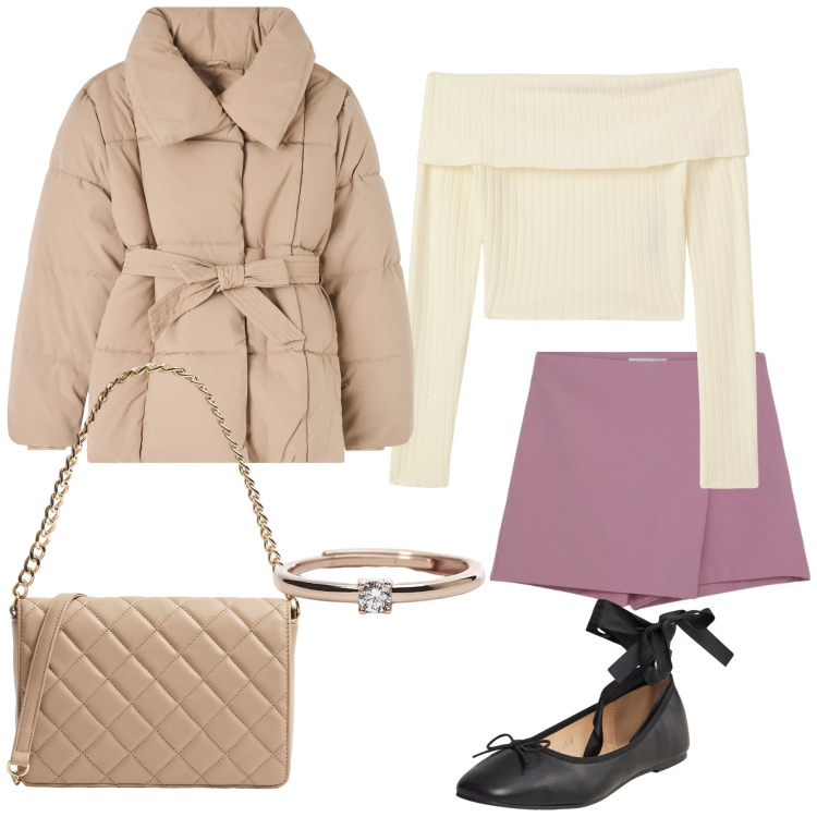 Outfit donna - Un anello speciale. Stile Romantica per Serata fuori. Abbinamento con minigonne, piumini, maglieria, ballerine, borse a tracolla, anelli.