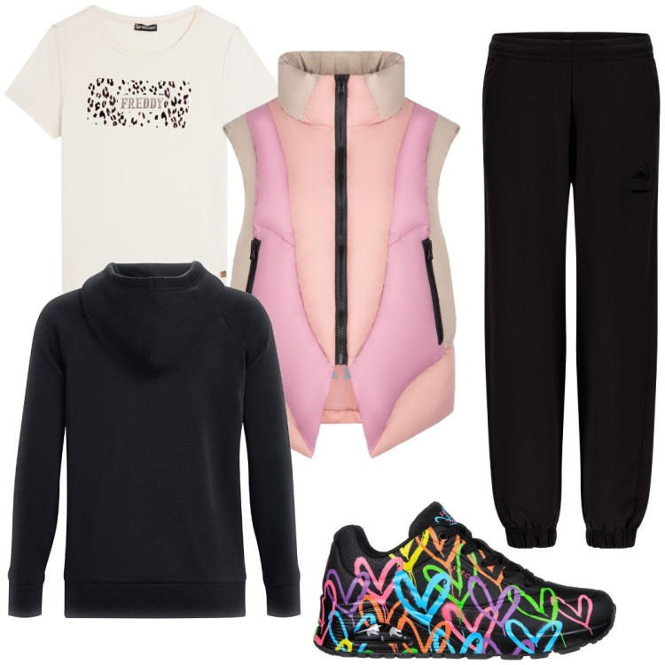 Outfit donna - Sporty chic. Stile Sporty chic per Sport. Abbinamento con pantaloni, t-shirt, piumini, felpe con cappuccio, sneakers.