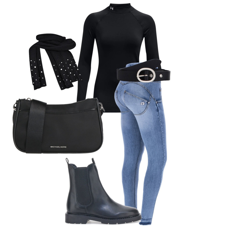 Outfit donna - Total look #2052544. Abbinamento con borse a tracolla, sciarpe, cinture, jeans skinny, pullovers, stivaletti chelsea.