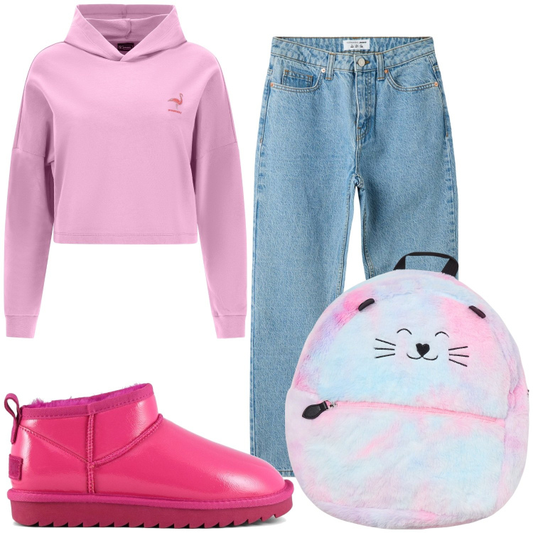 Outfit donna - In love. Stile Romantica per Serata fuori. Abbinamento con jeans mom, zaini, felpe con cappuccio, stivali.