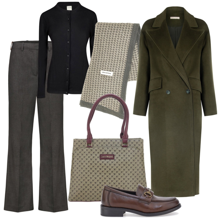 Outfit donna - Stile minimal classy in ufficio. Stile Minimal per Ufficio. Abbinamento con cappotti, mocassini, pantaloni, cardigans, borse a spalla, foulard.