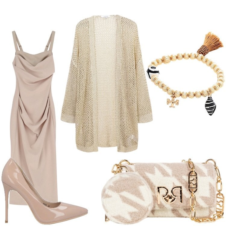 Outfit donna - Eleganza in beige. Stile Chic per Serata fuori. Abbinamento con braccialetti, décolleté, kimono, borse a tracolla, vestiti midi/longuette.
