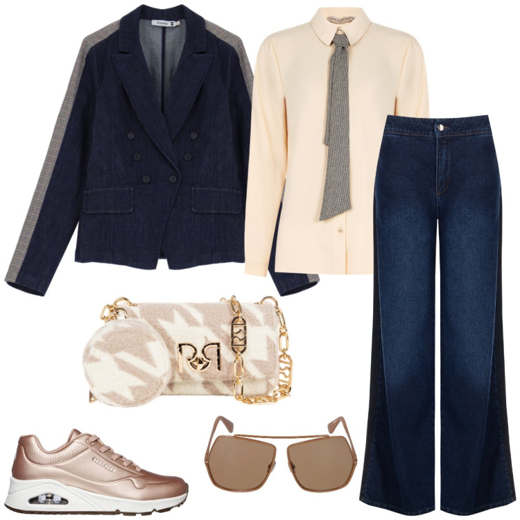 Outfit donna - Total look #2052584. Stile Casual chic per Tutti i giorni. Abbinamento con blazer, jeans, bluse, borse a tracolla, sneakers, occhiali da sole.