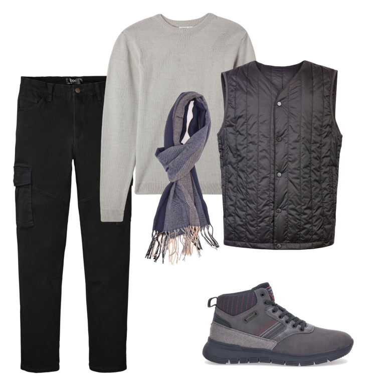 Outfit uomo - Stile utility. Stile Urban per Tutti i giorni. Abbinamento con pantaloni cargo, maglieria, piumini, sciarpe, stivali e stivaletti.