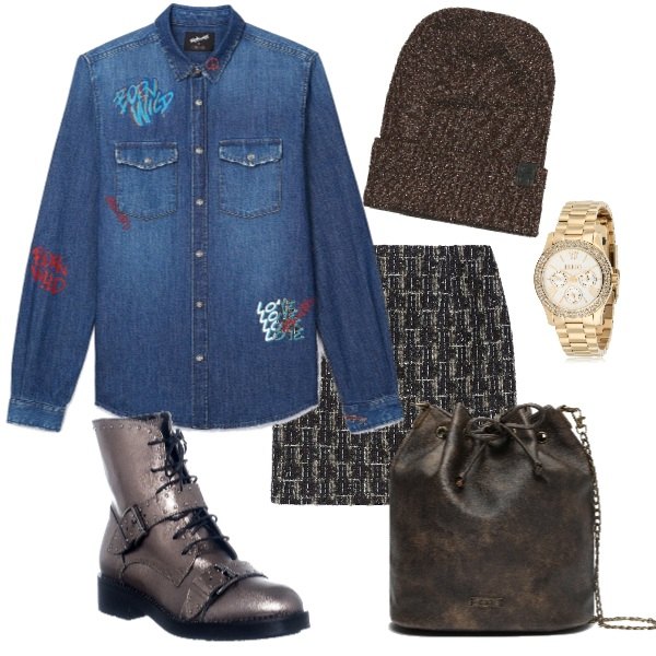 Outfit donna - Trendy con Vente Privee. Stile Trendy per Tutti i giorni. Abbinamento con abbigliamento oro, gonna tweed grigio, stivaletti, camicia in denim blu, orologio oro, berretto oro.