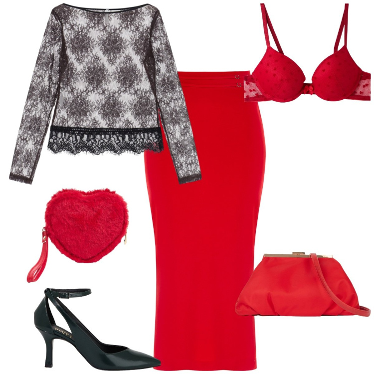 Outfit donna - Bantoa in love. Stile Glamour per Serata fuori. Abbinamento con reggiseni push-up, portafogli, gonne longuette, top, décolleté, pochette.