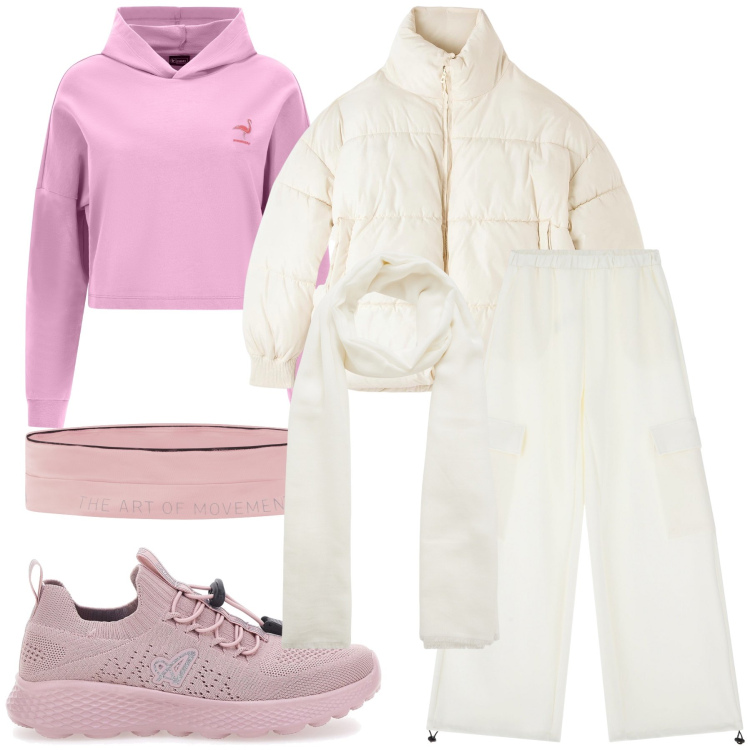 Outfit donna - Total look. Stile Sporty chic per Tutti i giorni. Abbinamento con piumini, sciarpe, pantaloni sportivi, felpe con cappuccio, marsupi, sneakers.