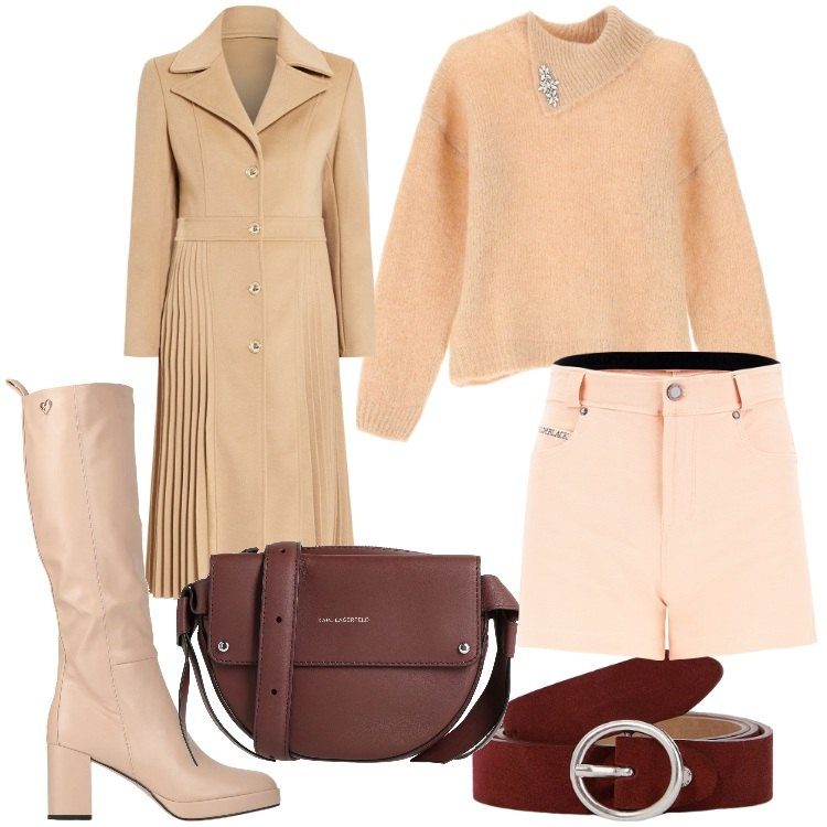 Outfit donna - Shorts. Stile Casual chic per Serata fuori. Abbinamento con stivali, borse a tracolla, maglieria, cinture, cappotti, shorts.