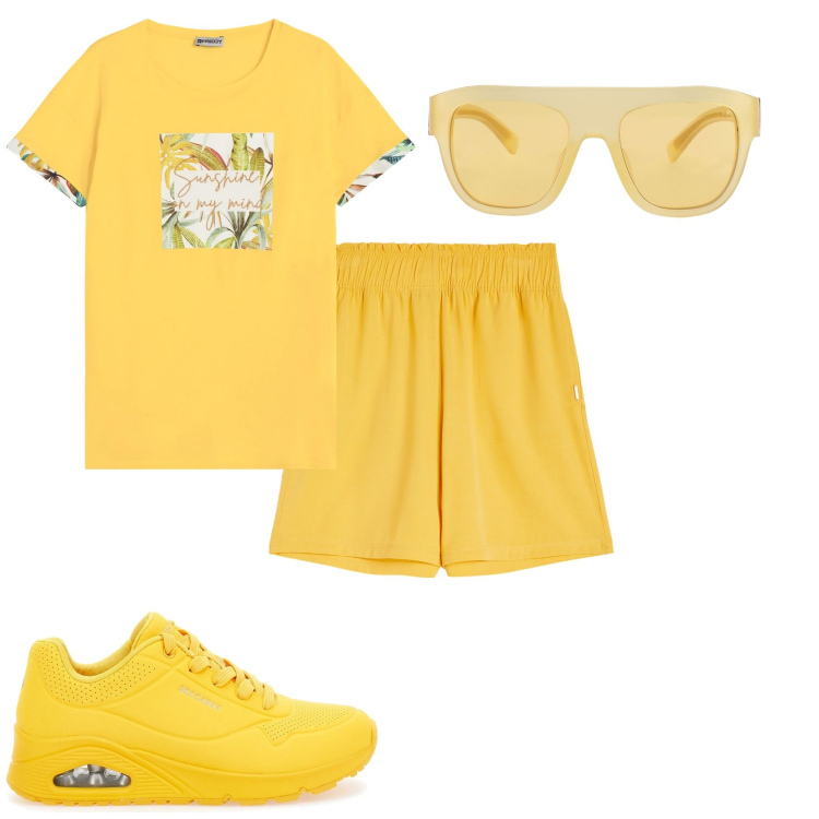 Outfit donna - Corri corri. Stile Casual chic per Sport. Abbinamento con occhiali da sole, pantaloni corti, t-shirt, sneakers.