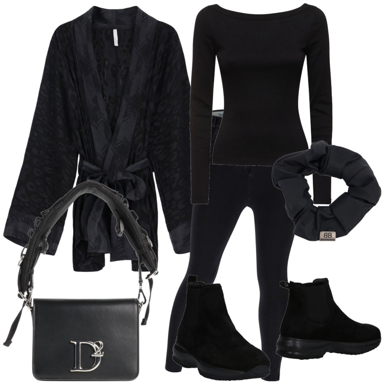 Outfit donna - All black. Stile Urban per Ufficio. Abbinamento con borse a mano, stivaletti chelsea, kimono, jeggings, accessori per capelli, t-shirt.